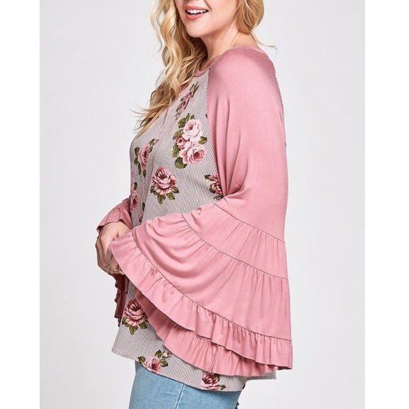 Mauve Pink Floral Ruffle Kimono Bell Slv Tunic Top - Picture 4 of 6